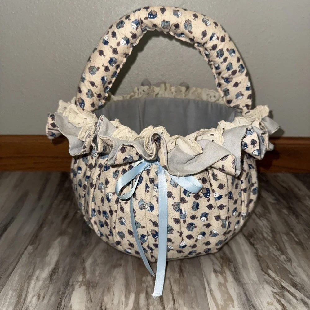 Vintage Quilted Cloth Basket Bucket handmade Birdhouse Fabric 8X7 Stains READ